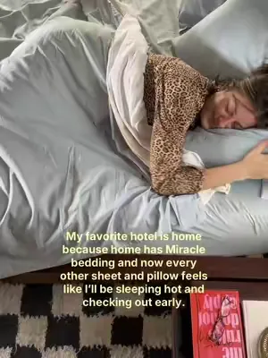 BYOB = bring your own bedding in our world. Can’t risk a hot sleep in polyester sheets 🥵😅 #miraclemade #cottonsheets #coolingsheets #bedding #bedroomgoals 