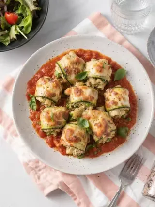 Sehen aus wie aus dem Restaurant – sind aber überraschend einfach gemacht. 😯 3,2 g Kohlenhydrate | 41 g Protein | 625 kcal | 40 g Fett | 41 g Ballaststoffe Low Carb Zucchini-Rigatoniröllchen – 2 Porti