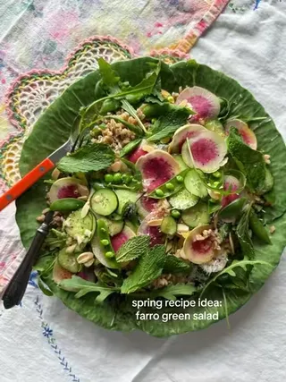 A big bowl of greens 🫛💕 Hearty farro with vibrant green sugar snap peas, arugula, thinly sliced cucumber and watermelon radish, all topped with mint, creamy grated pecorino cheese, toasted almonds, an