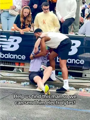 TikTok do your thing!  At Mile 24, in front of our Cheer Zone, this runner cramped and hit the ground. One of our team, @Oshthisside jumped in, stretched out his hamstring, and got him moving again. T
