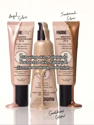 Hallelujah to summer glowy skin! Shop our Nudescreen Dewy Illuminating Glow SPF 30 in 3 shades  🪽Angel Glow ✨Goddess Glow 🌅Sunkissed Glow Available on TikTok Shop✨#summermakeup #glowyskin #sunkissedma